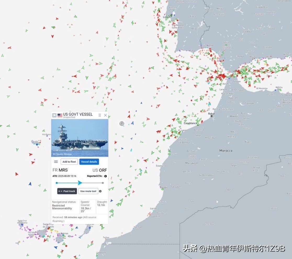 美国海军福特级航空母舰“杰拉尔德·R·福特”号（CVN-78）在接近直布罗陀海峡