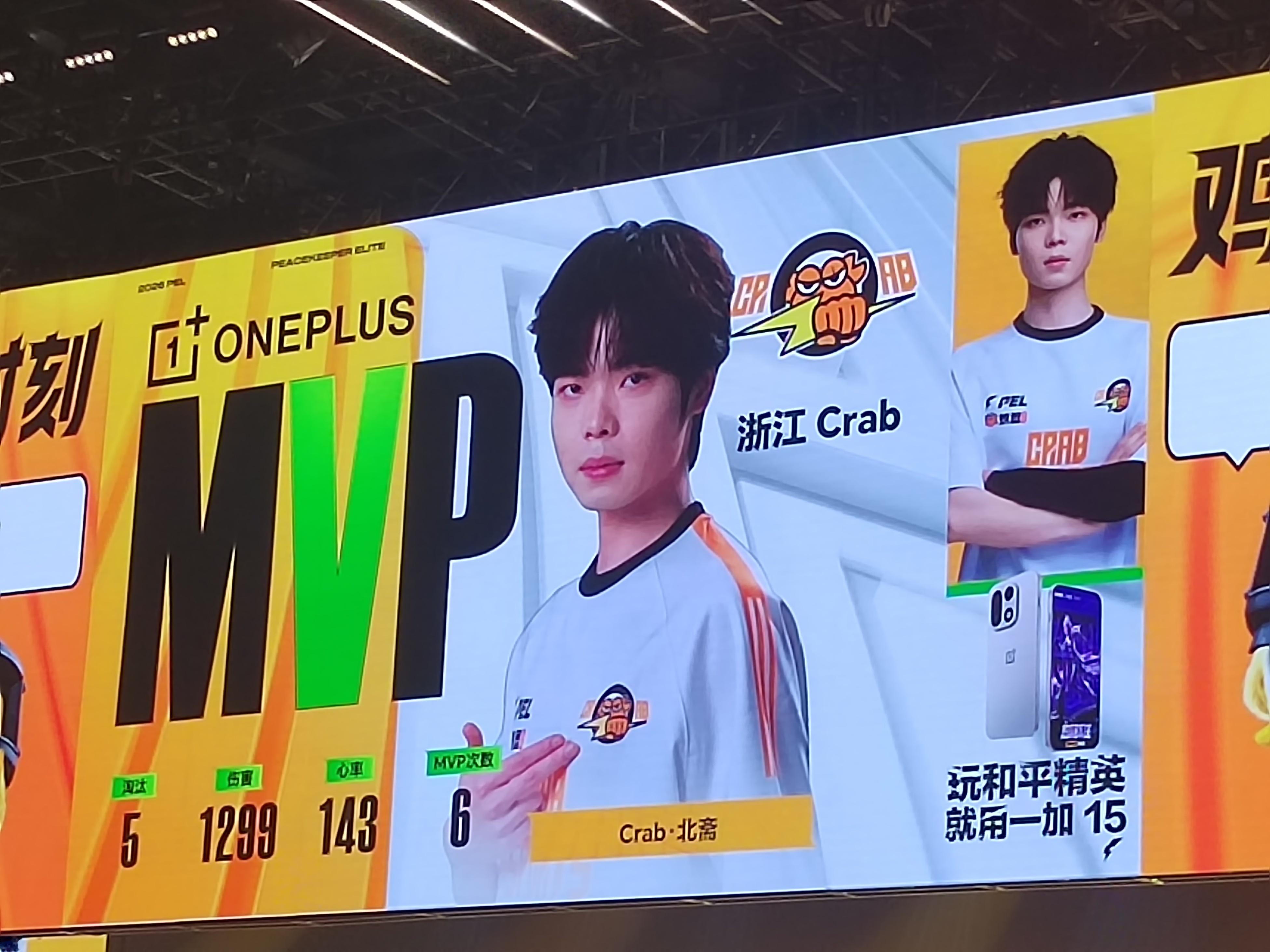 Crab北斋当选本局MVP，本赛季第六次获此殊荣。数据：5淘汰/1299伤害/1