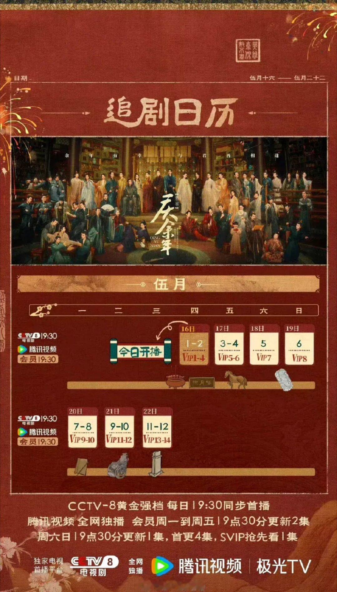 《庆余年2》追剧日历来了！​首播4集，周六周日一集，其余更两集！​还没播，腾讯视