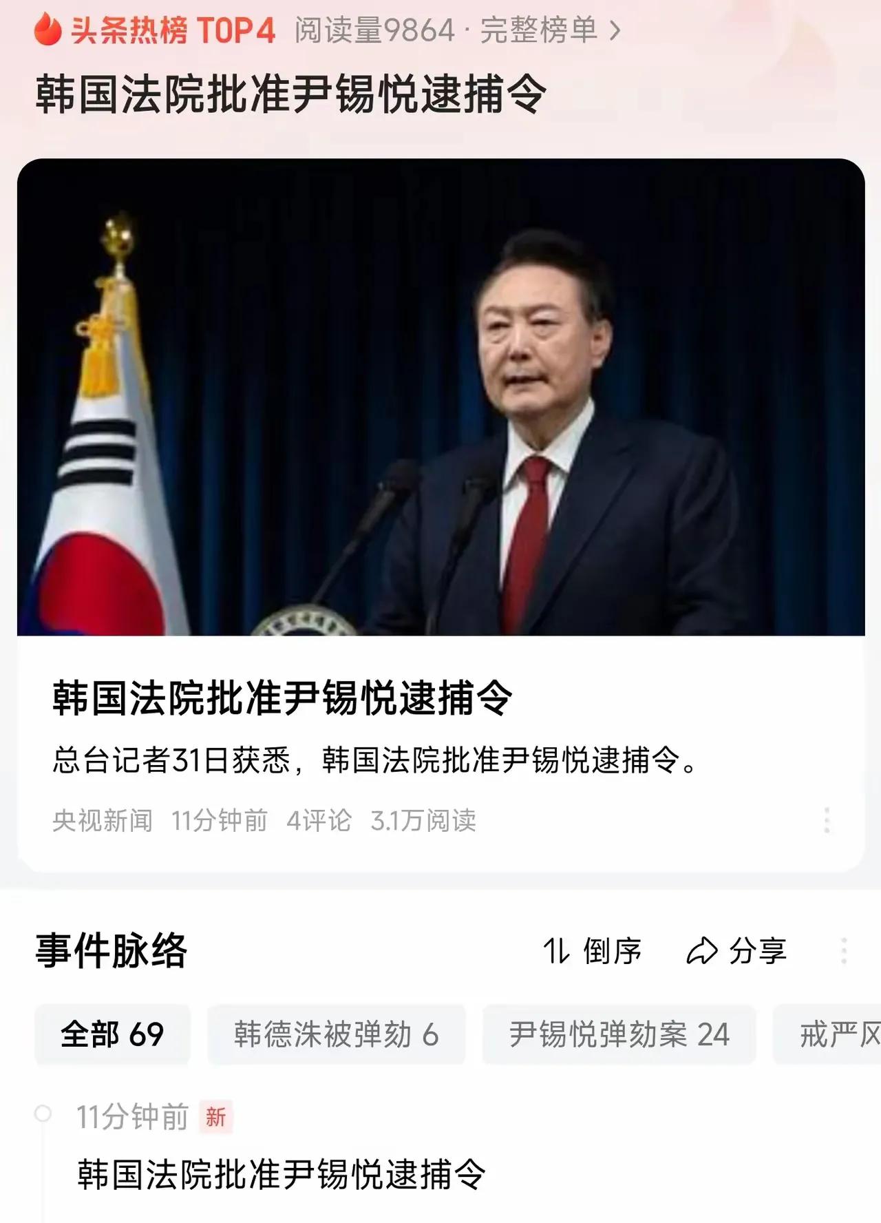 韩国法院批准对尹锡悦的逮捕令，这可是韩国或者说是世界少有的对现任总统的逮捕令。尹