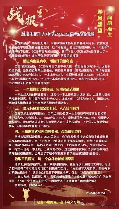 武汉市十九高的喜报让人五味杂陈。
曾经不乏清北的学生，如今600分以上的就三人。