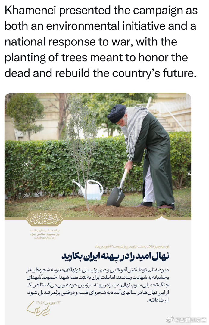 伊朗新最高领袖，呼吁国民多植树，纪念逝者、有利环境、重建未来…（宣传画上的人，不