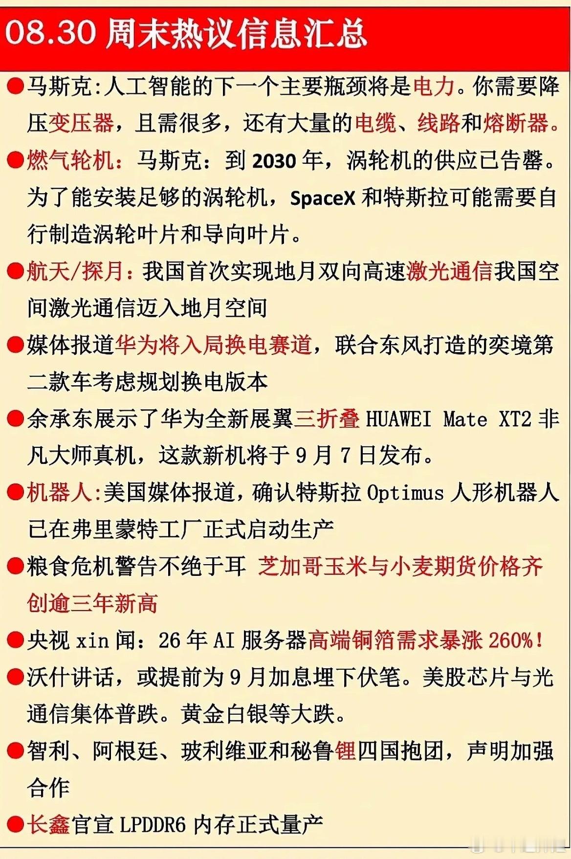 8.30 周末热议信息汇总马斯克称人工智能接下来主要瓶颈会是电力，需要大量降压变