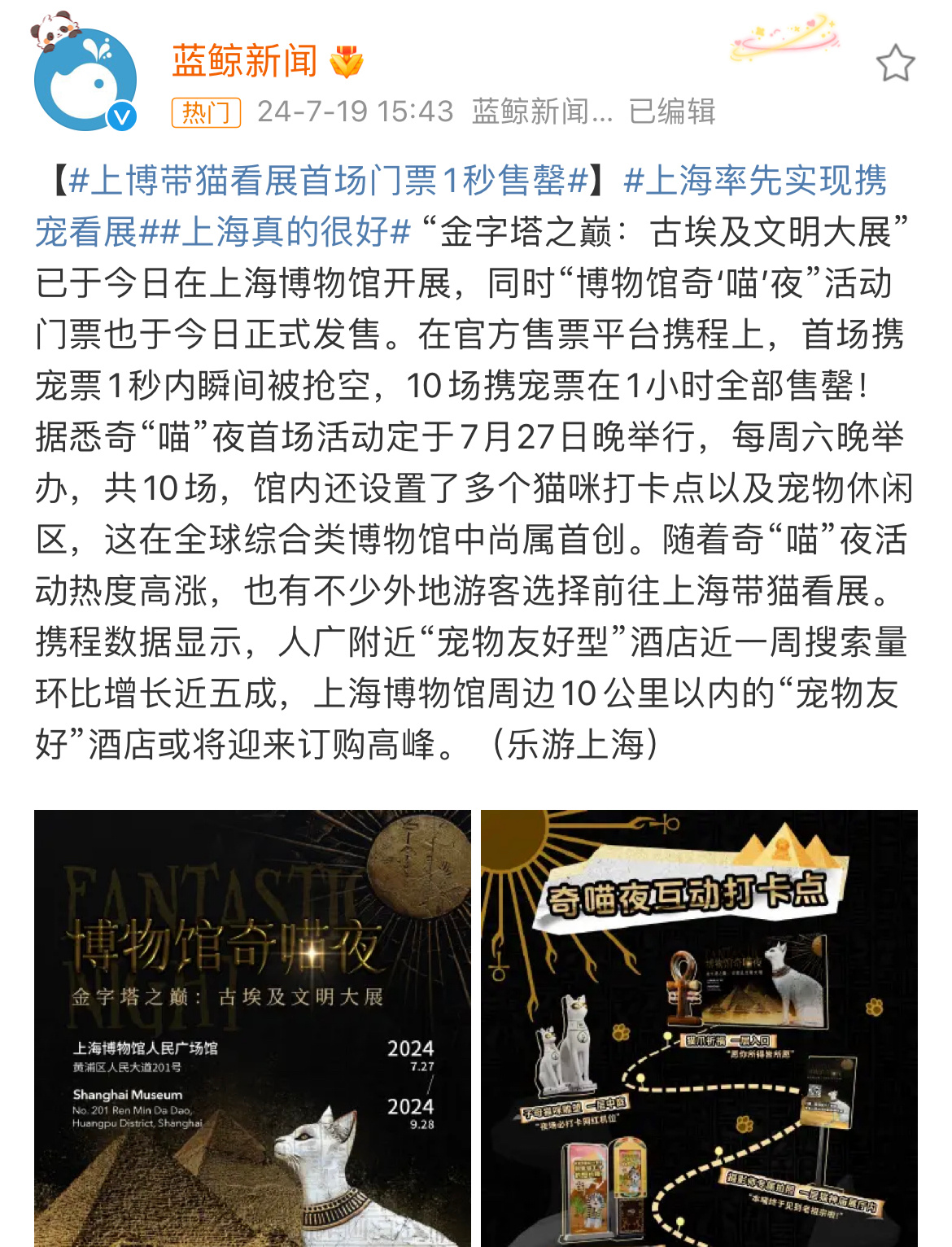 #上博带猫看展首场门票1秒售罄#  参观展览10场携宠票在1小时全部售罄，允许游