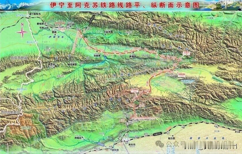 伊宁至阿克苏铁路线路详图：

新建伊宁至阿克苏铁路起自既有精霍铁路伊宁站，利用精