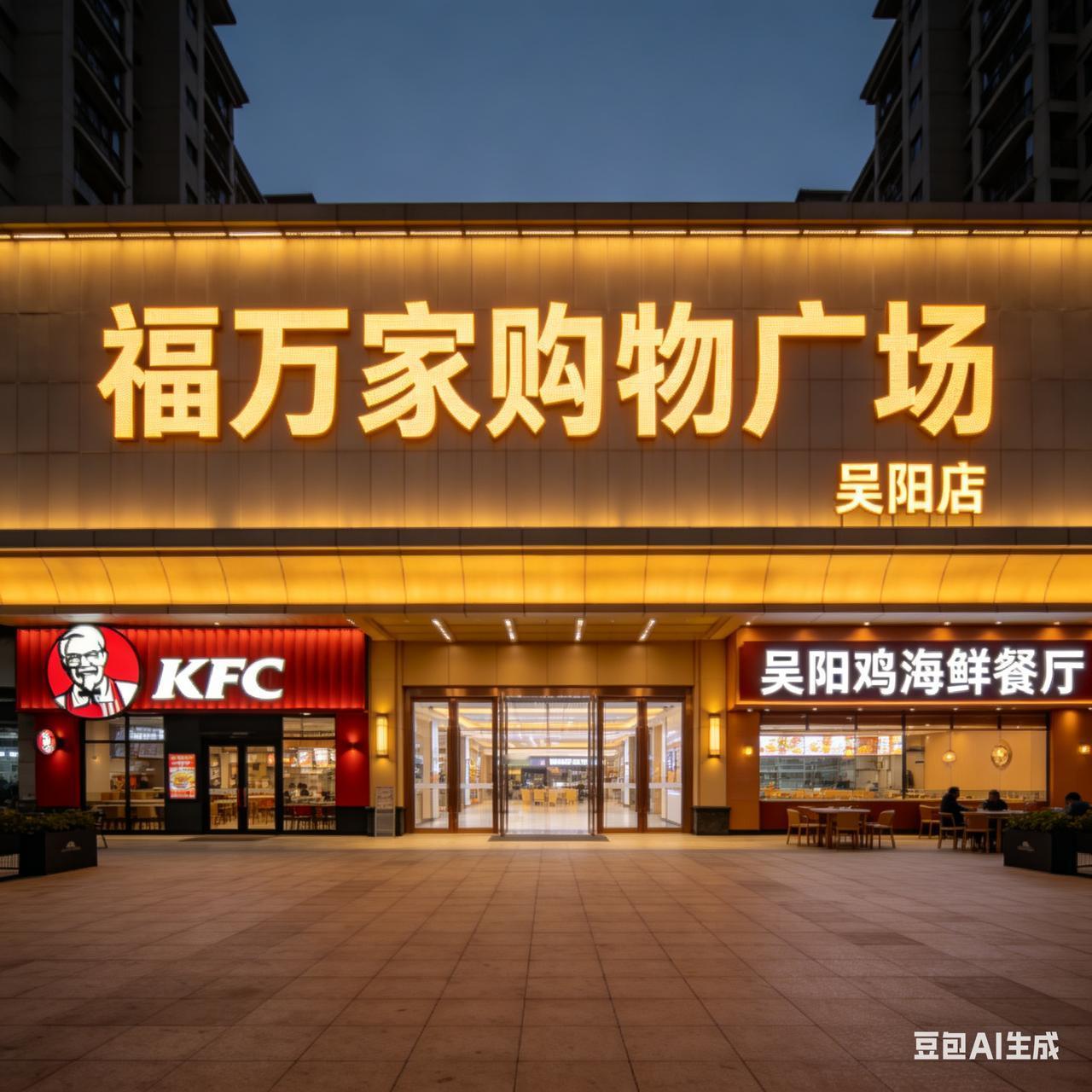 吴阳镇一街，福万家购物广场，肯德基，吴阳鸡海鲜餐厅