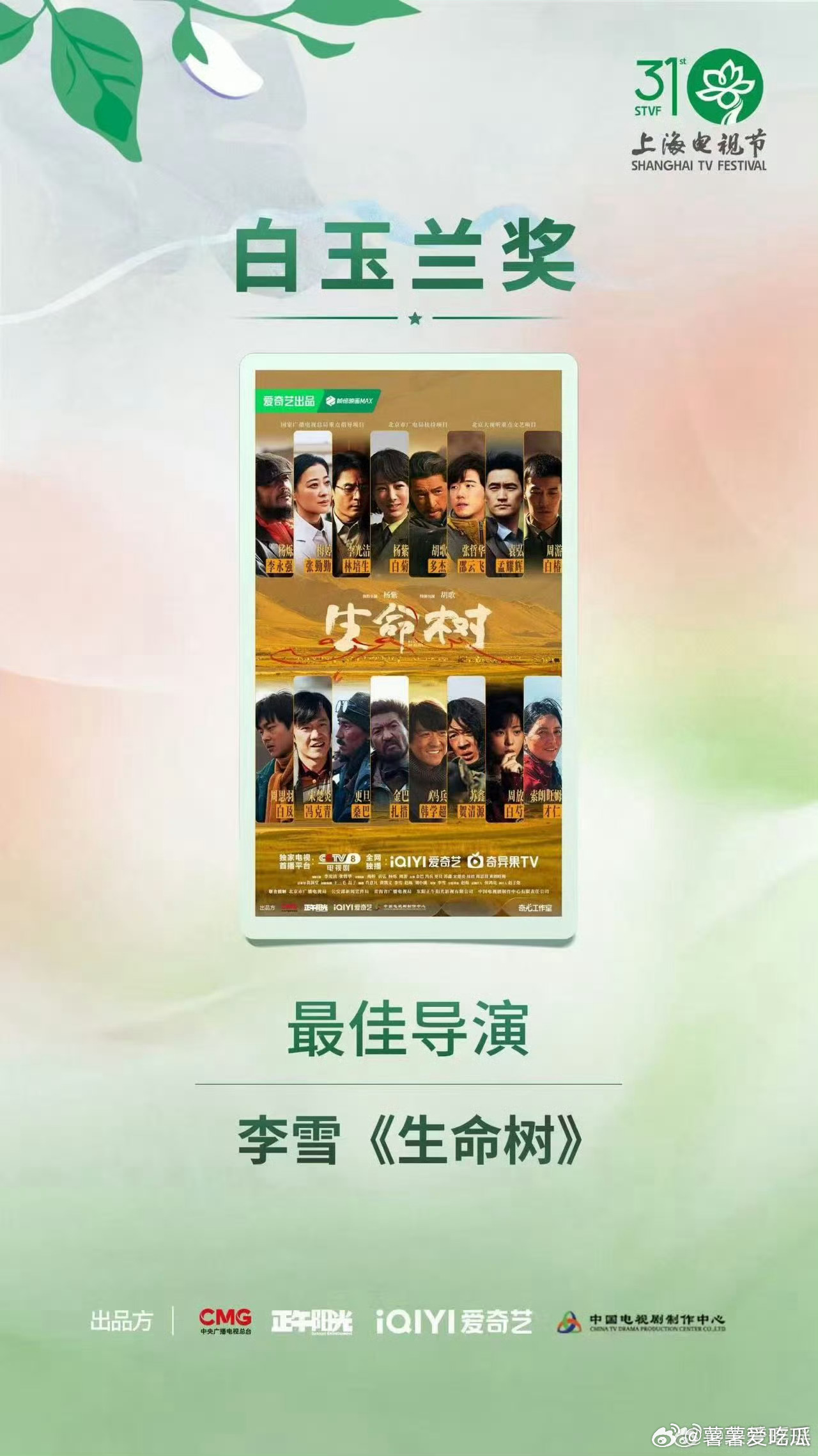 白玉兰最佳女主角杨紫恭喜杨紫！恭喜生命树！恭喜爱奇艺在本次白玉兰收获满满！爱奇艺