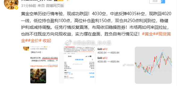 黄金延续下跌，跌报4014，4030底仓空、4035加仓空利润扩大，双仓共已16