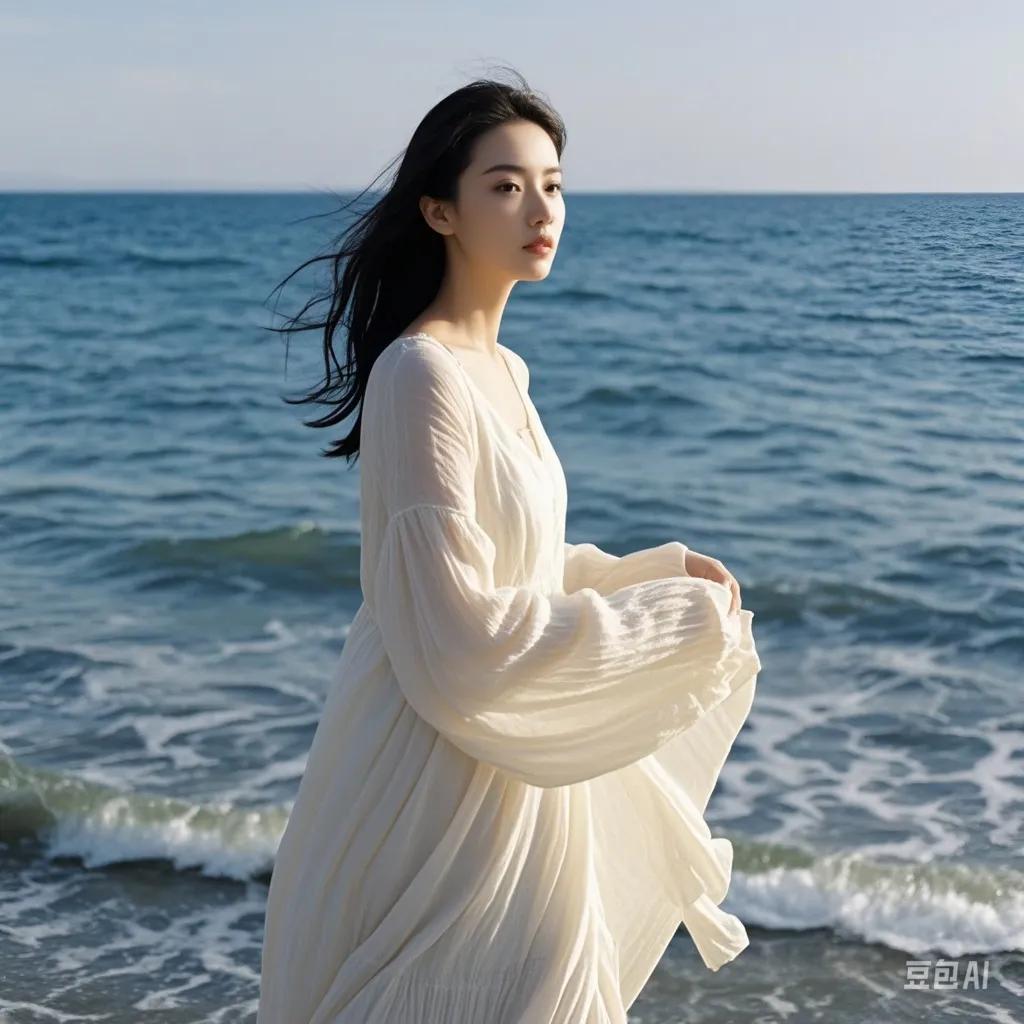 海风吹动，裙摆飞扬。#海边的姑娘真美# #分享绝美佳人照# #绝色佳人照#