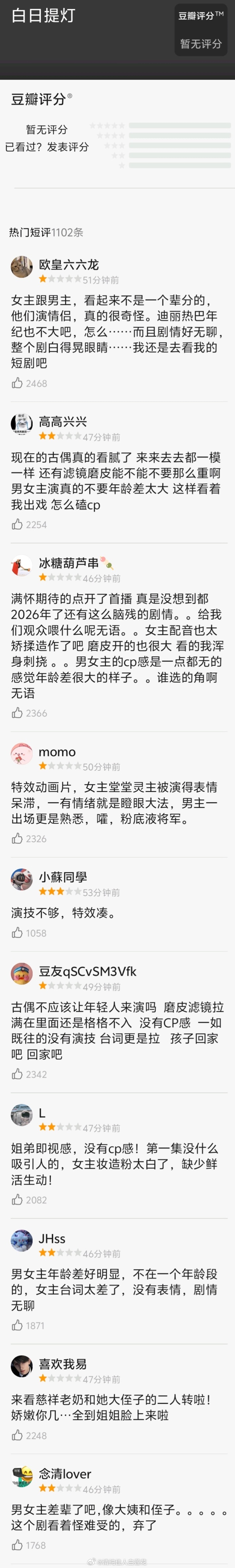 白日提灯热度白底提灯是怎么做到开播，db全部是差评的？集中说迪丽热巴陈飞宇年龄差