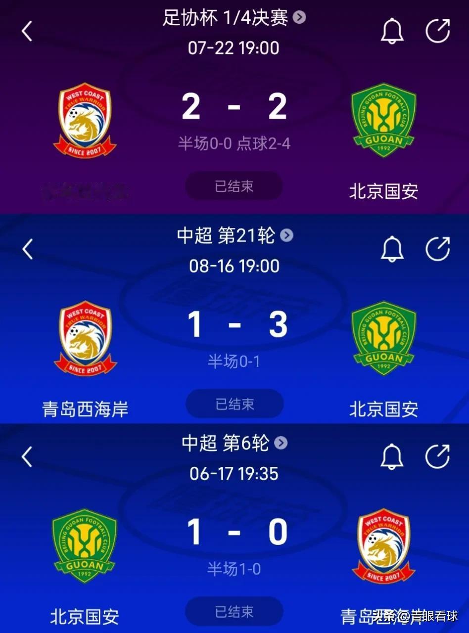 国安三杀西海岸，邵佳一对国安是真爱，联赛送6分，足协杯保送国安进四强。
本赛季，