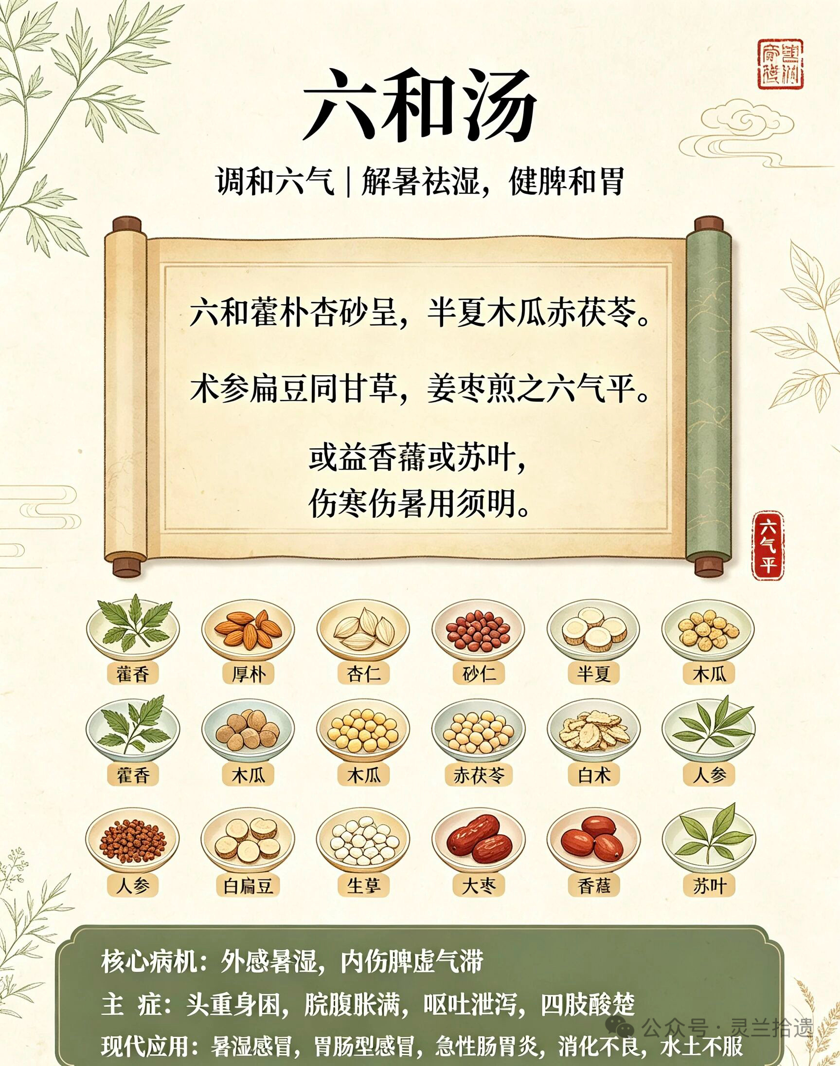 六和汤！夏天暑湿脾虚、上吐下泻的经典良方六和藿朴杏砂呈，半夏木瓜赤茯苓。术参扁豆