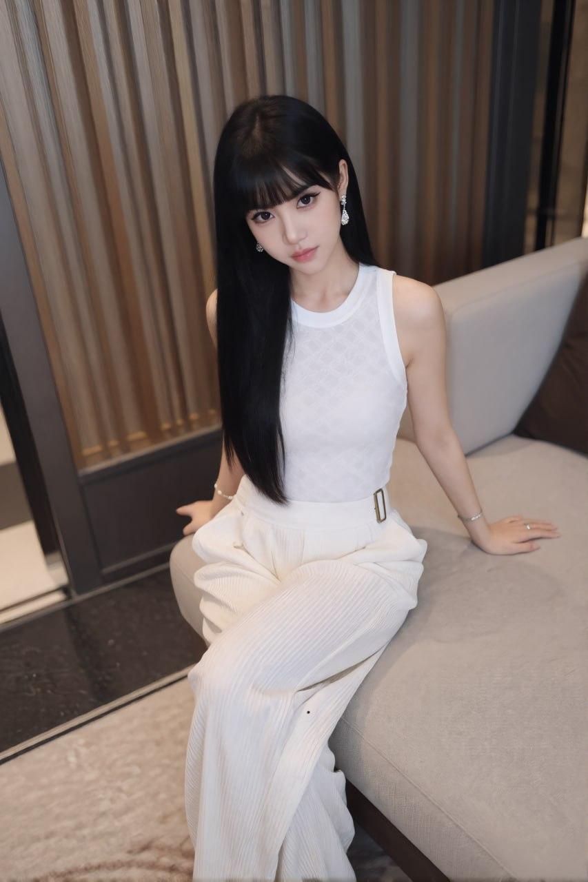 没有多余色彩，一身纯白也能把氛围感拉满。

修身背心勾勒出利落线条

阔腿白裤藏