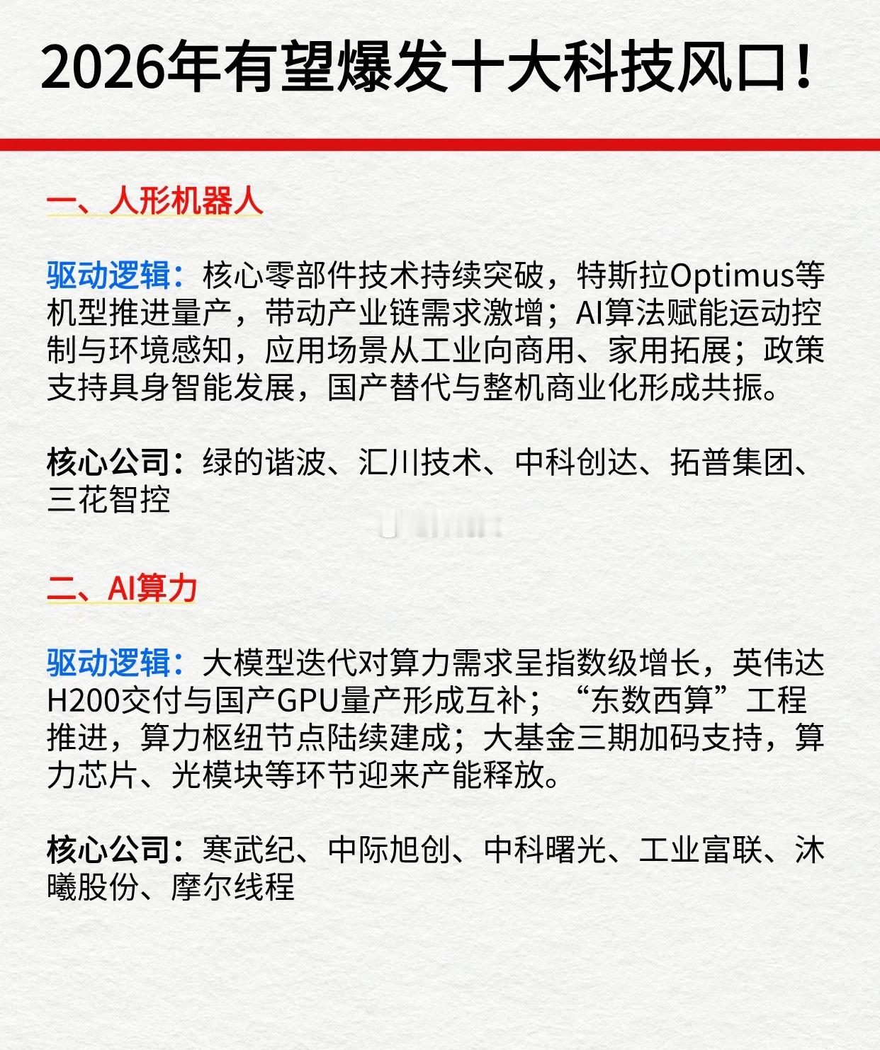 2026年有望爆发的十大科技风口，每部分均含驱动逻辑+核心公司1. 人形机器人：
