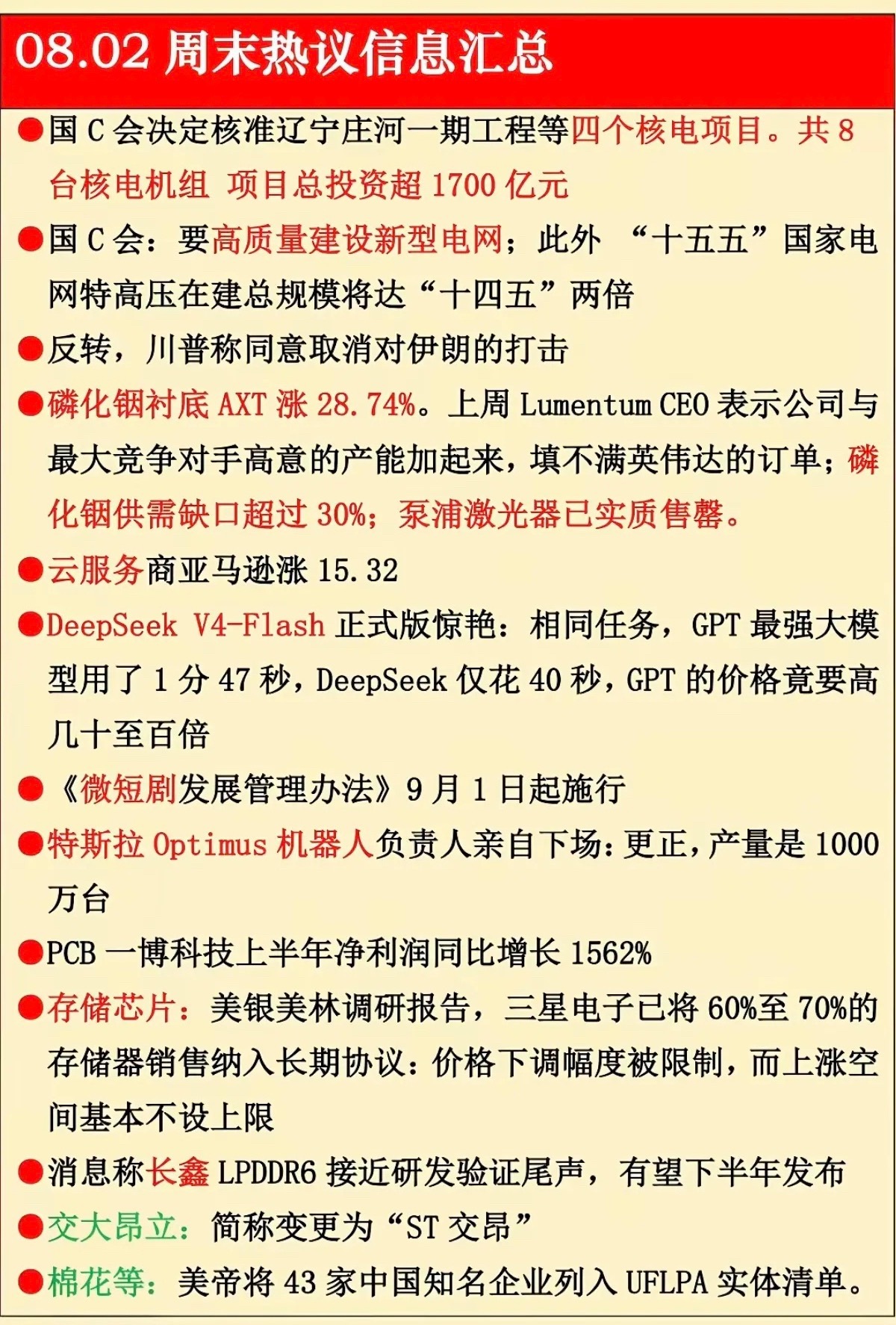 8.02周日  晚间：财经热点信息参考！1.核电核能2.磷化铟衬底3.云服务4.