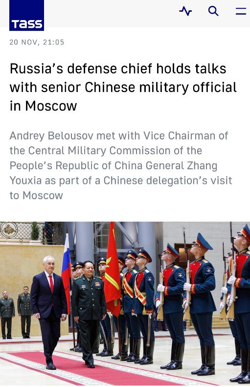塔斯社：俄国防部长会见张又侠上将

塔斯社莫斯科11月20日电：俄罗斯国防部在一