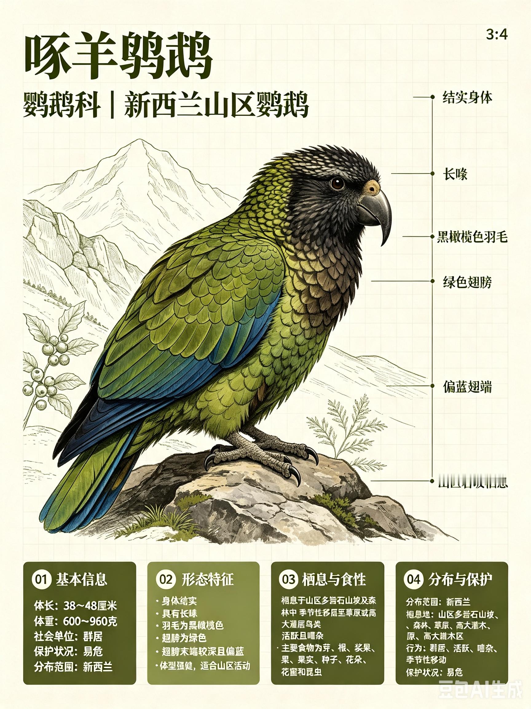 鸟类朋友图鉴 啄羊鹦鹉体长：38~48 厘米体重：600~960 克社会单位：群