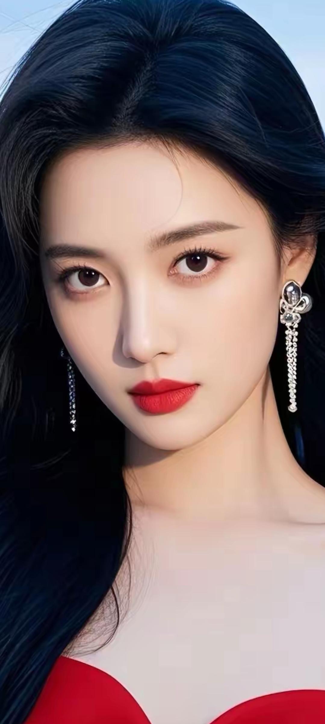惊艳的红色唇妆，搭配优雅的长发和闪亮的耳饰，完美诠释了东方美。