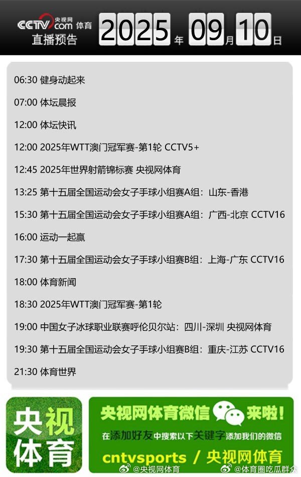 【央视网体育9月10日直播预告】07:00 体坛晨报；12:00 体坛快讯；12