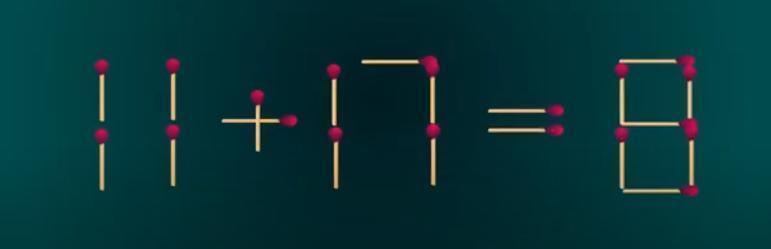 来挑战火柴棒数学题啦！眼前是用火柴摆成的 “11 + 17 = 8”，这等式看着