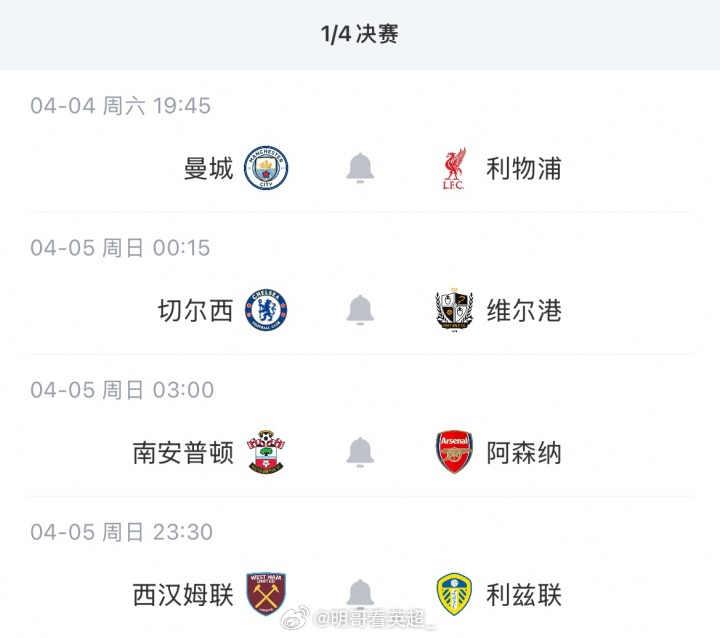 英足总官方公布了足总杯半决赛抽签仪式的时间，半决赛抽签将于北京时间4月6日凌晨举