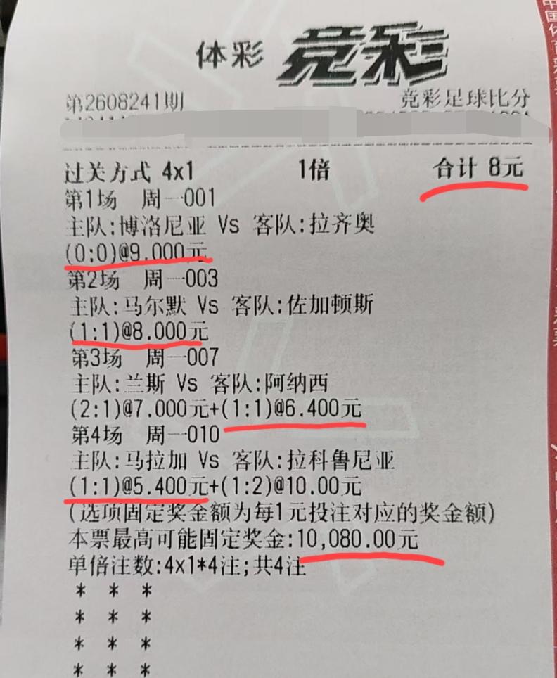 8块博10080，这心不是一般的大啊？
一个0:0+三个1:1，合着这四场比赛都