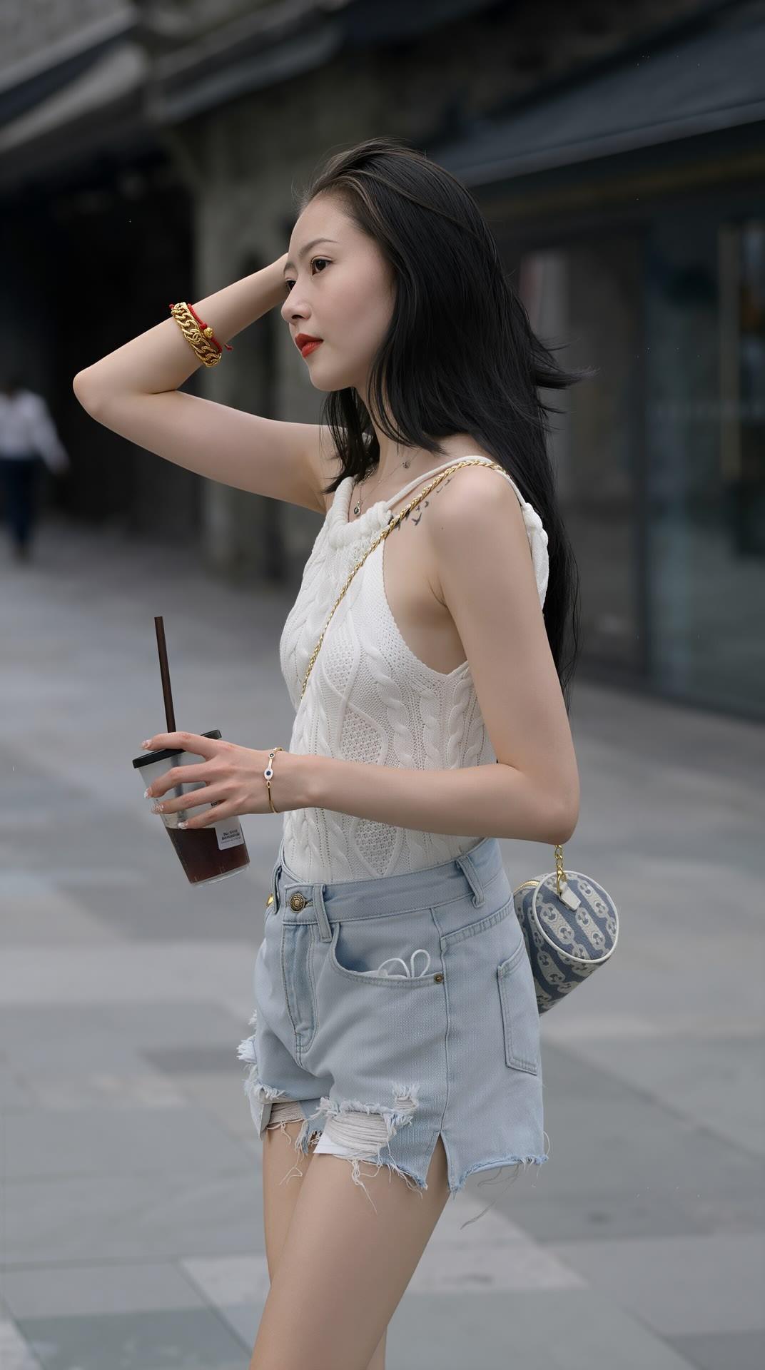 白色针织吊带配浅蓝破洞牛仔短裤，小白鞋加持，街头风简约又显腿长～