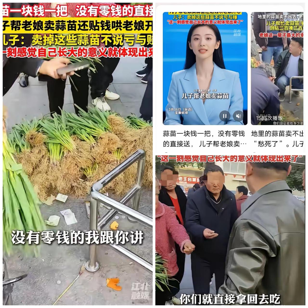 近日，安徽蚌埠，一老人自己种的蒜苗卖不出去，让儿子处理掉，儿子把蒜苗拉到街上来卖