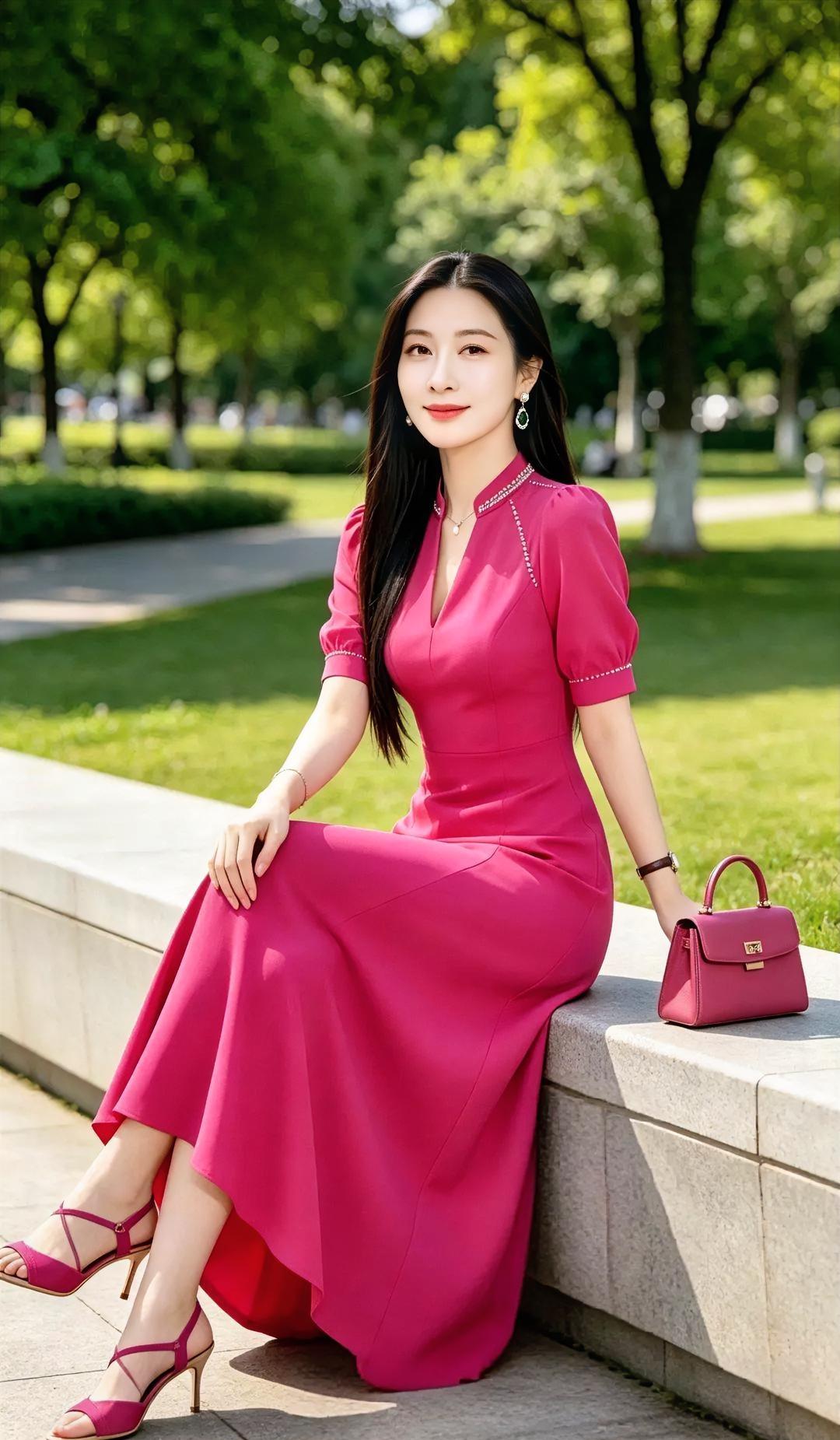 阳光一筛，夏天就染上了玫红。

树影婆娑，裙角生风。

浅笑安然，包包轻拥。
