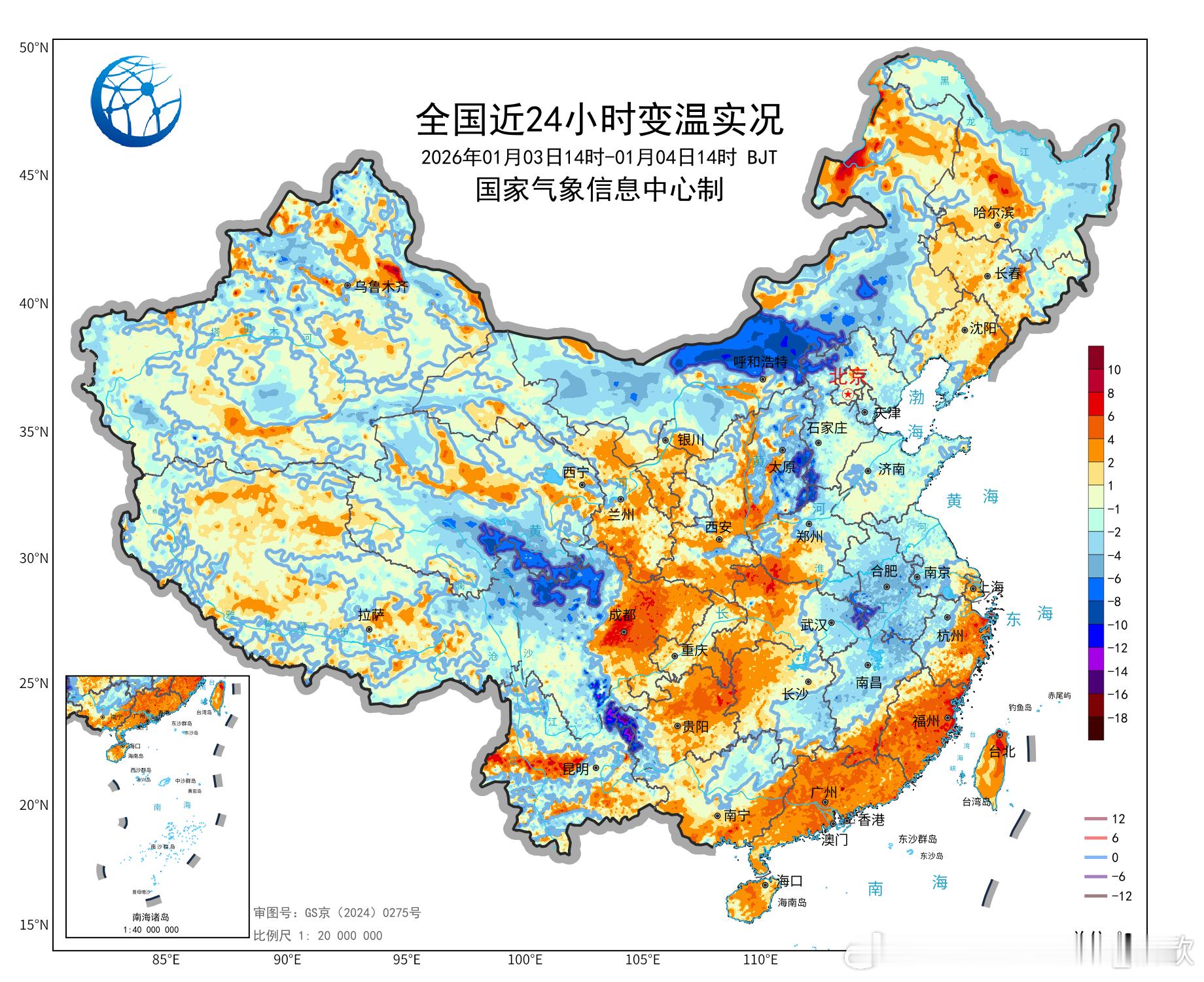 【气温】今天气温走势分化，在冷空气和阴雨到来前，福建广东，以及降水过后放晴的四川