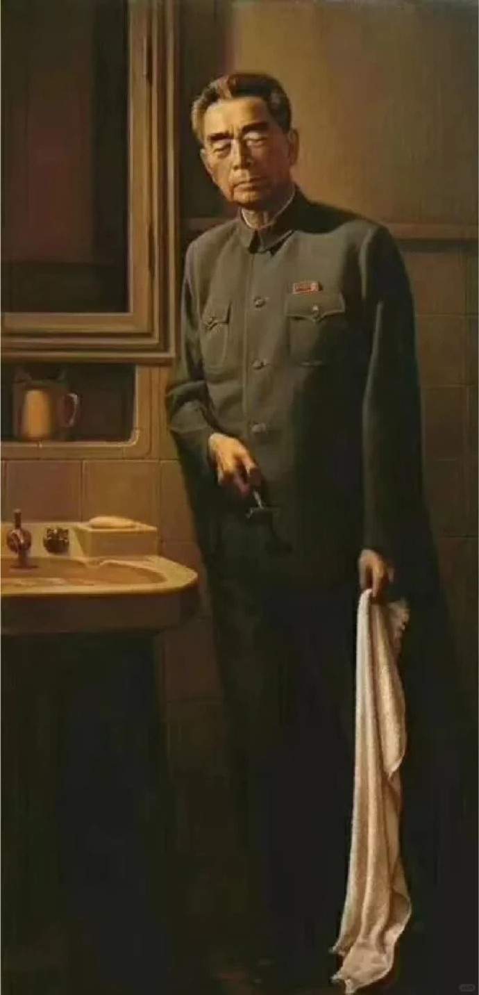 一张油画，记录的是周总理靠墙打盹的瞬间！  1973年6月，身患绝症的他已经30