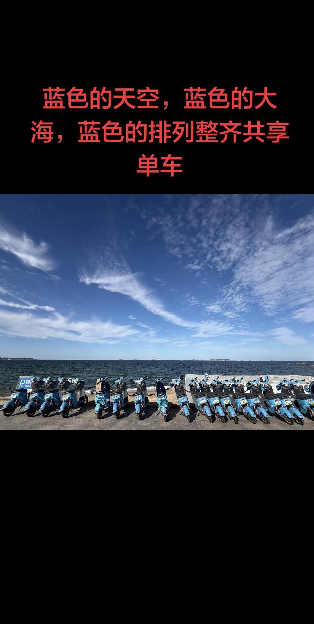 天蓝海蓝车也蓝。看来莱山前一阵子对于共享单车摆放整理还是很到位的，今天十一假期第