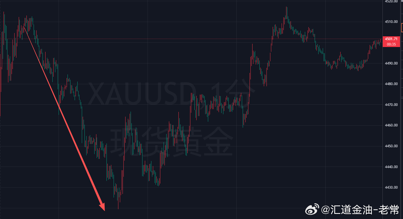 本交易日国际黄金开盘后走出低开低走的走势，盘面出现快速下挫行情，而价格在触及44