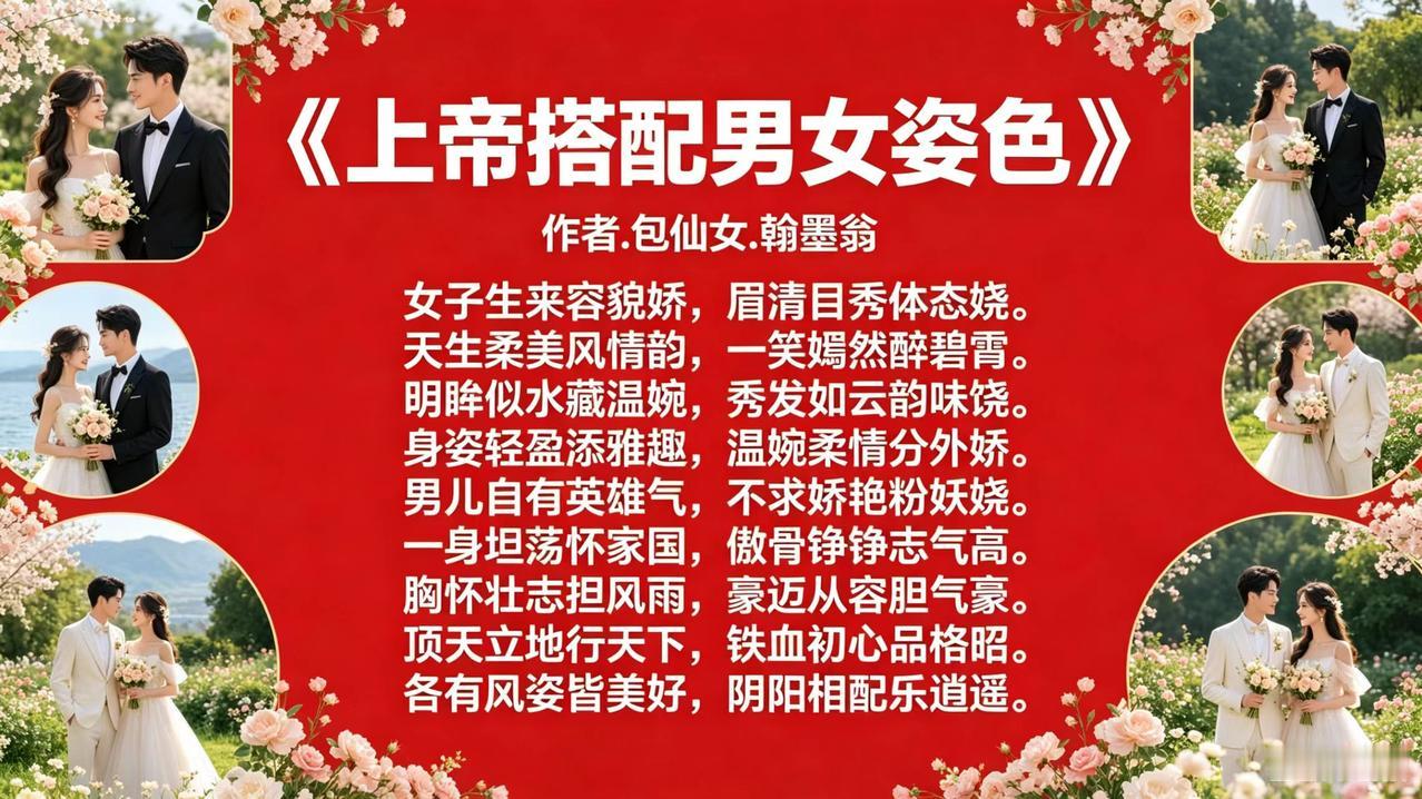 《上帝搭配男女姿色》
作者：翰墨翁：
女子生来容貌娇，
眉清目秀体态娆。
天生柔