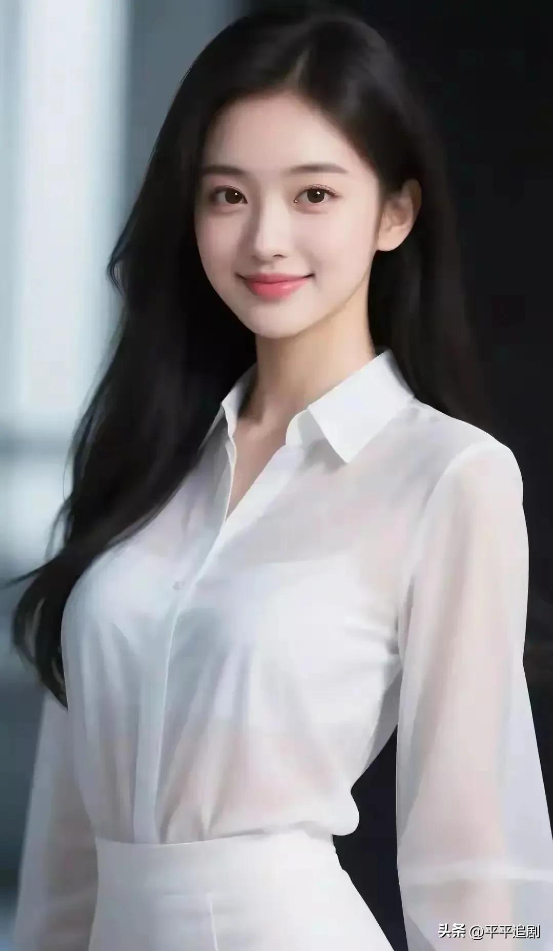 白衬衫的清透质感，搭配黑长直的温柔氛围感，是职场里的干净利落，也是藏在笑容里的明