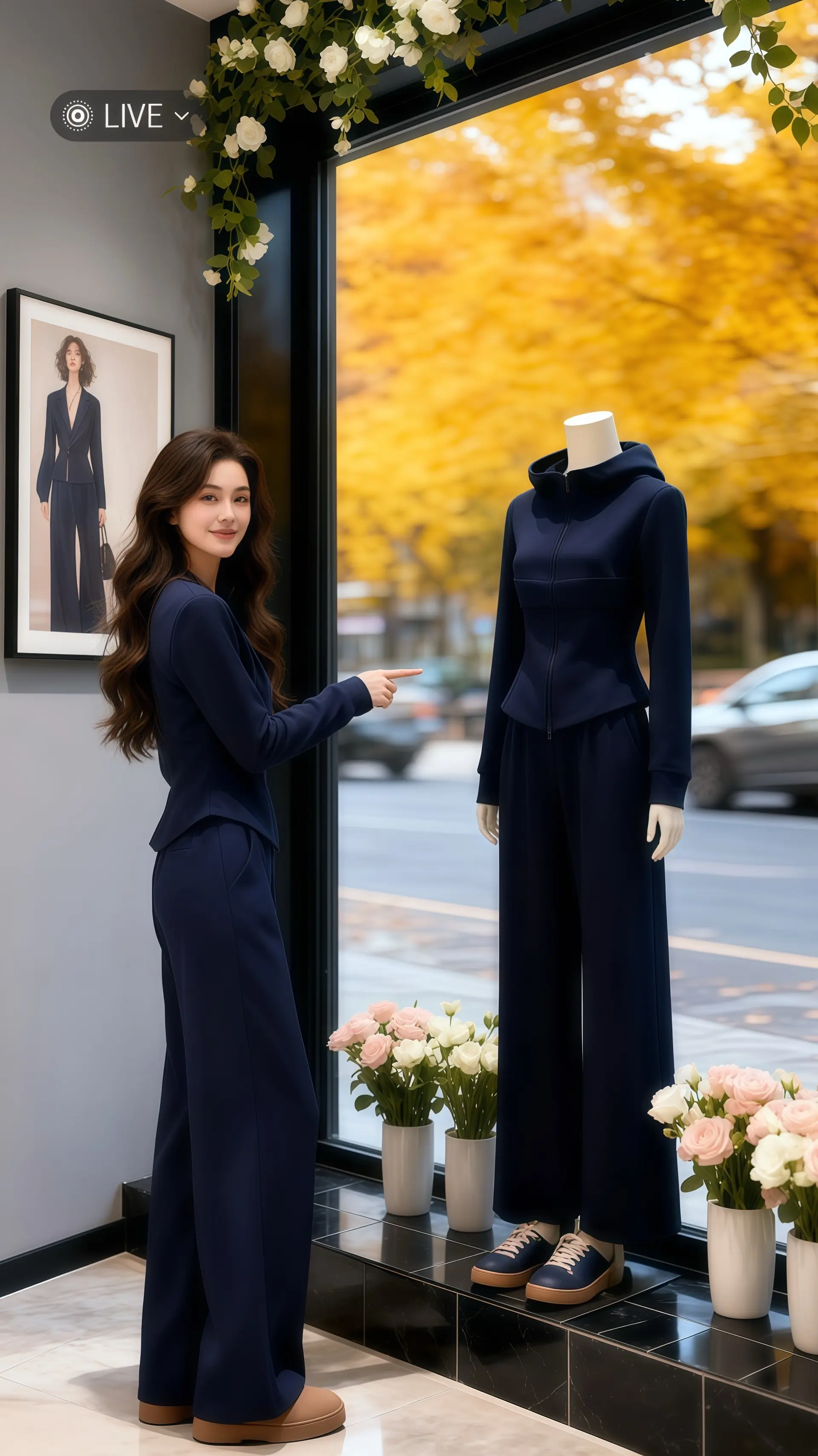 她身着深蓝色时尚连帽卫衣休闲阔腿裤两件套，在轻奢女装店的落地窗前自成风...