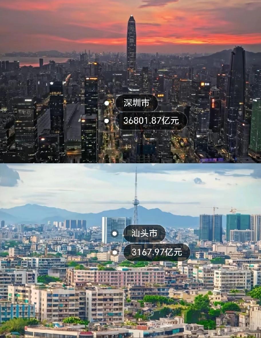 深圳市GDP与汕头市GDP数据对比情况，深圳市2024年GDP为36801.87
