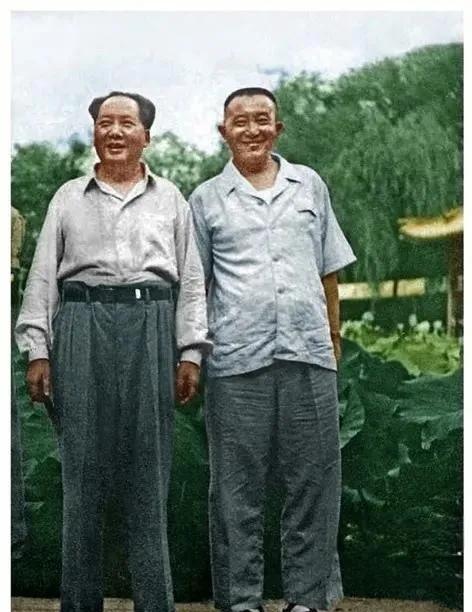 图中的照片是我们伟大领袖毛主席与罗瑞卿同志。
毛主席身穿白色长袖衬衣，搭配军绿色