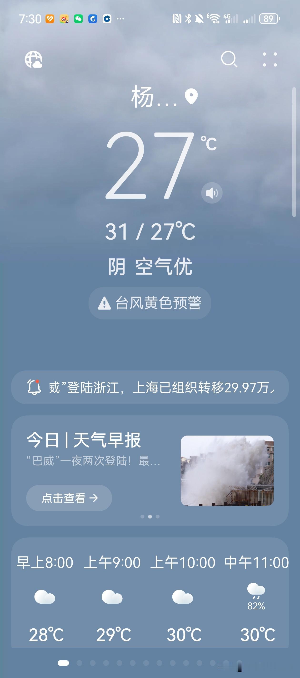 夜里陪着宝宝睡觉，房间开着空调，窗外整夜的风声雨声几乎没听见。
今早走到阳台查看