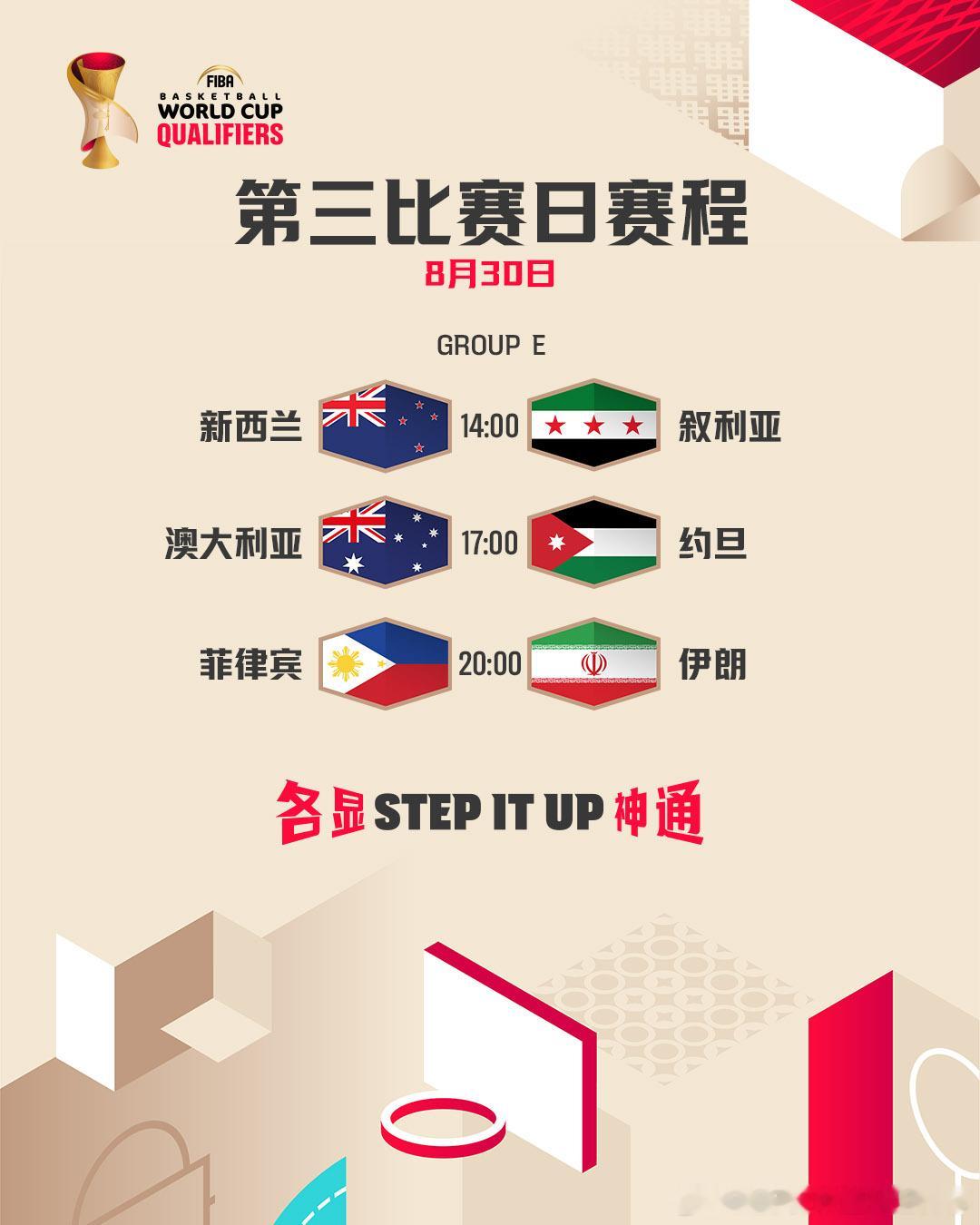 2027 FIBA世界杯 亚洲区预选赛第4️⃣窗口期第3️⃣比赛日赛程🏀E组各