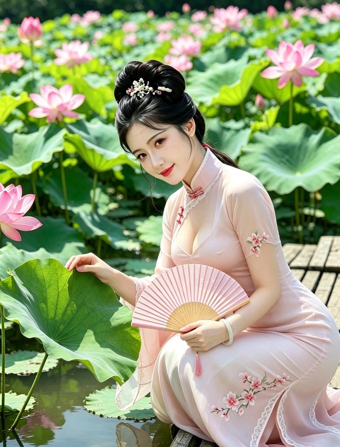艳阳天，荷花仙，引人流连…荷花 湖畔仙景 旗袍美女