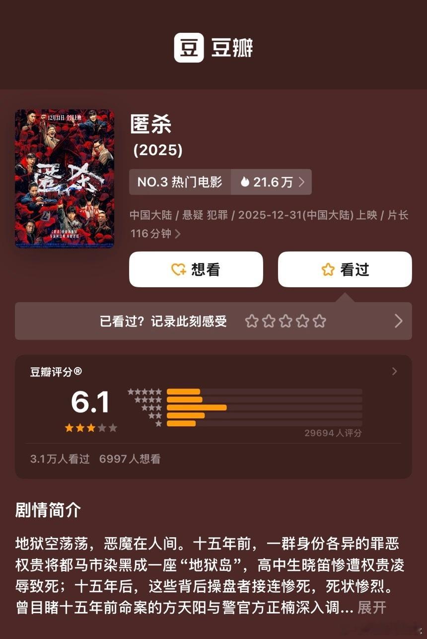 匿杀口碑 作为电影《默杀》的续作，《匿杀》于2025年12月31日正式上映。上映