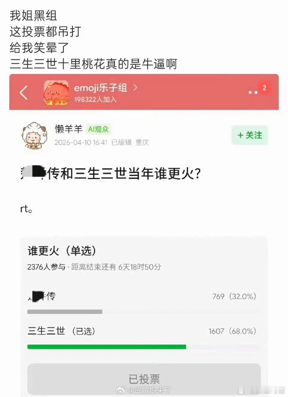 三生三世不应该和楚乔传一起比吧，题材都不一样。可以比一下三生三世和花千骨哪个火，