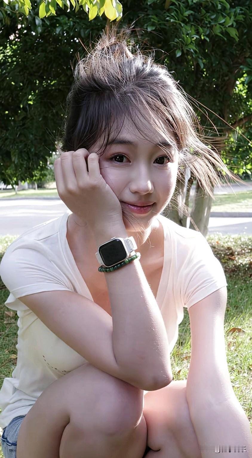 青草地映着笑颜，少女眉眼清甜，一举一动都散发着青春光彩。分享随手拍的美照 随手拍