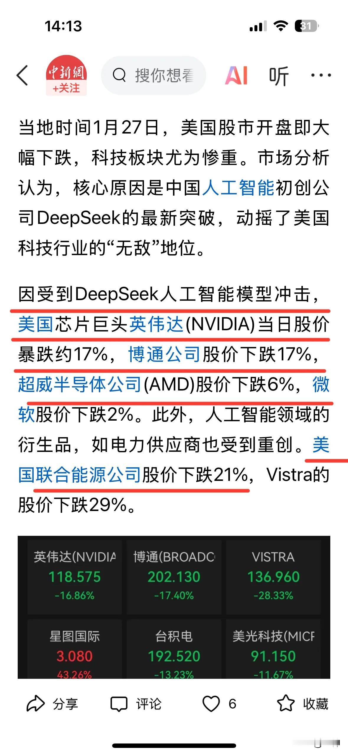 Deepseek将成为刺破美股Ai泡沫的导火索！
近期，受中国人工智能初创公司 