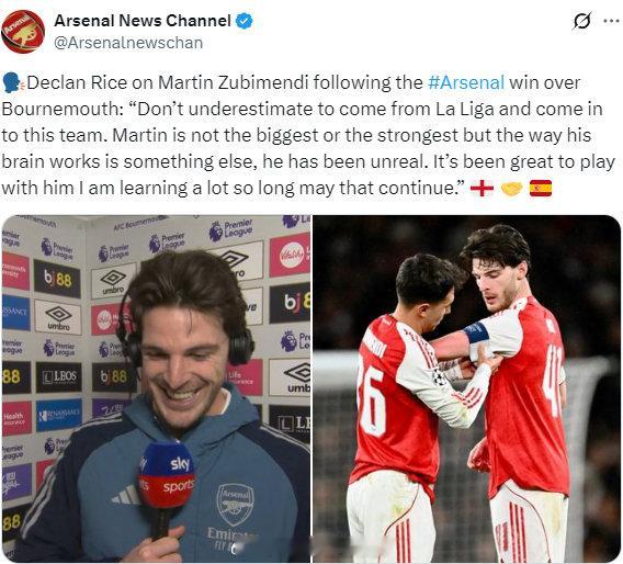 赖斯谈祖比门迪：“不要低估一个从西甲来到这支球队的球员。马丁身材不算高大强壮，但