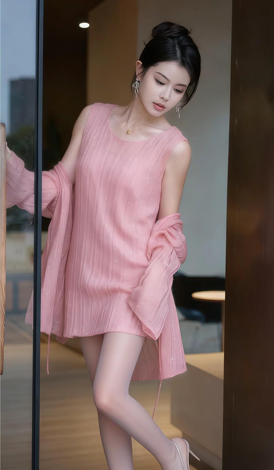 粉色连衣裙，优雅气质，时尚穿搭