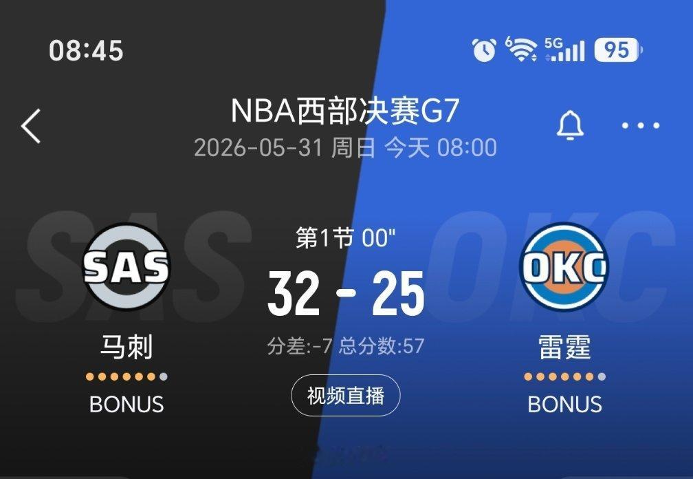 第一节结束，马刺领先7分！马刺vs雷霆nba季后赛