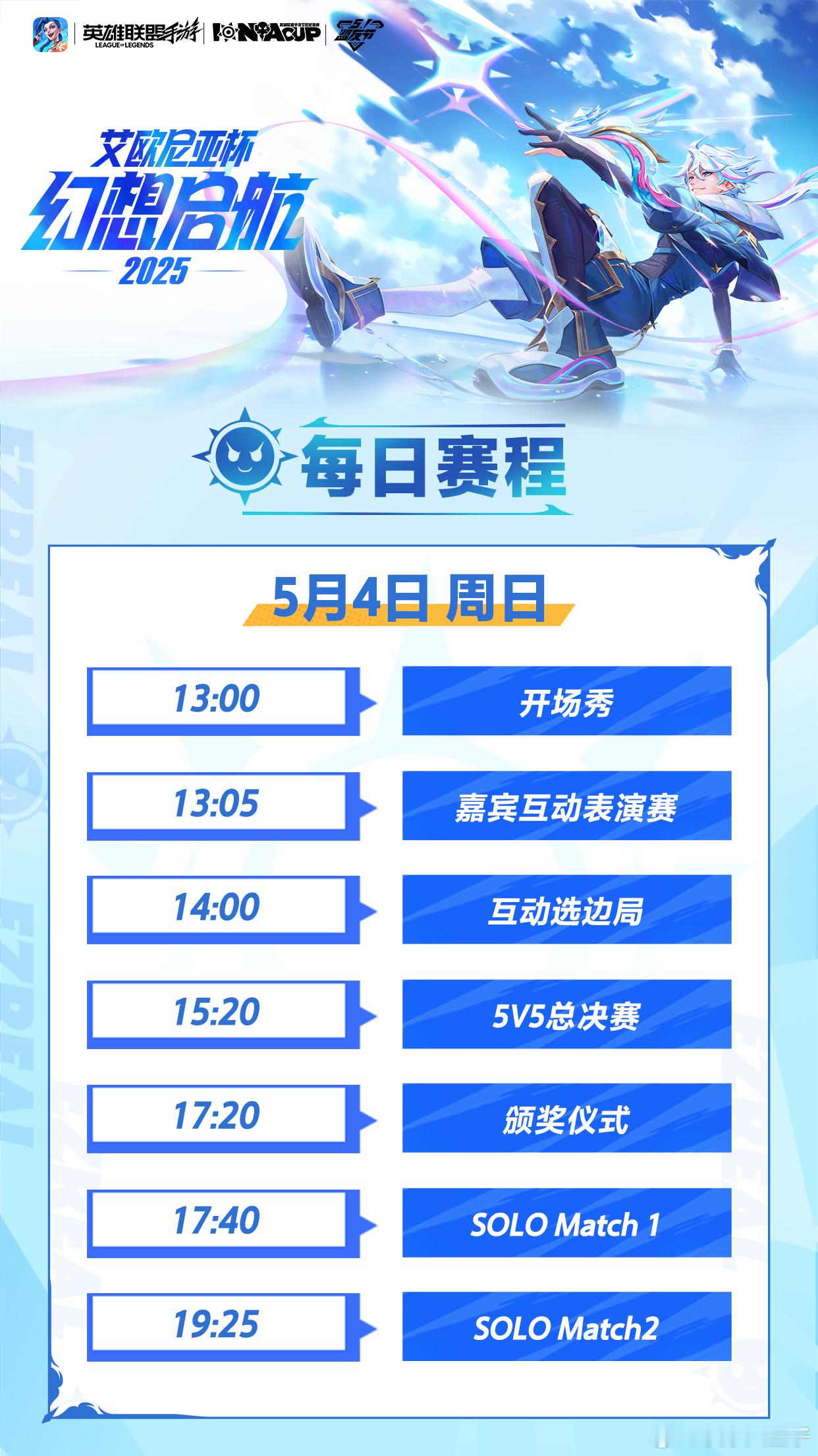 5月4日为5v5赛总决赛&SOLO半决赛~5v5赛采用单败BO3赛制，SOLO赛