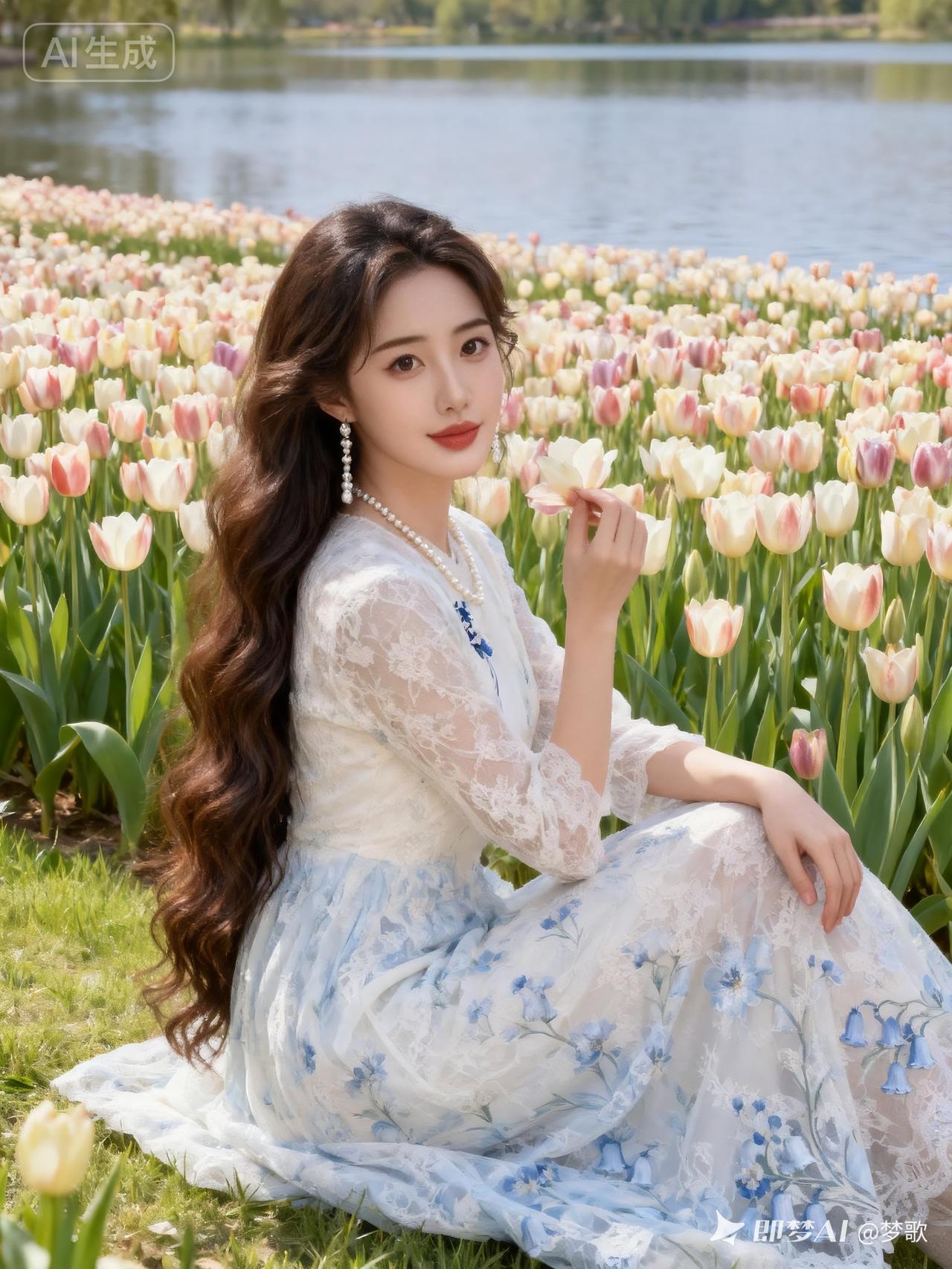 东亚少女坐拥湖畔郁金香花海，深茶棕大波浪长发泛着柔光雾感。身着铃兰刺绣蕾丝长裙，